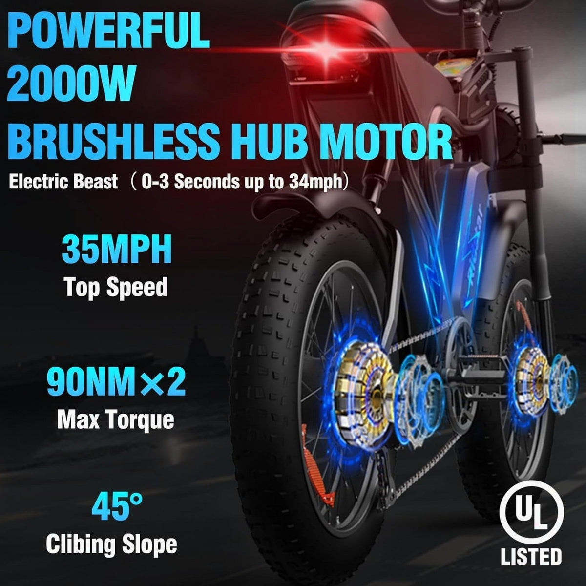 Electric Bike Q20, 2000W, 52V, 30-180 Miles All-Terrain Fat Tire E-Bike for Adults