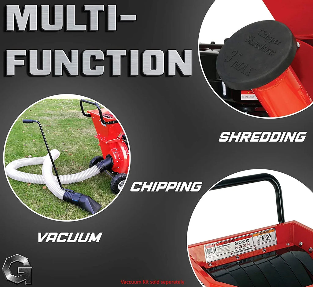 Gas Powered 3-in-1 Wood Chipper Shredder Mulcher, 7HP, 3in Branch Capacity, 30 x 24.1 x 41.6 in