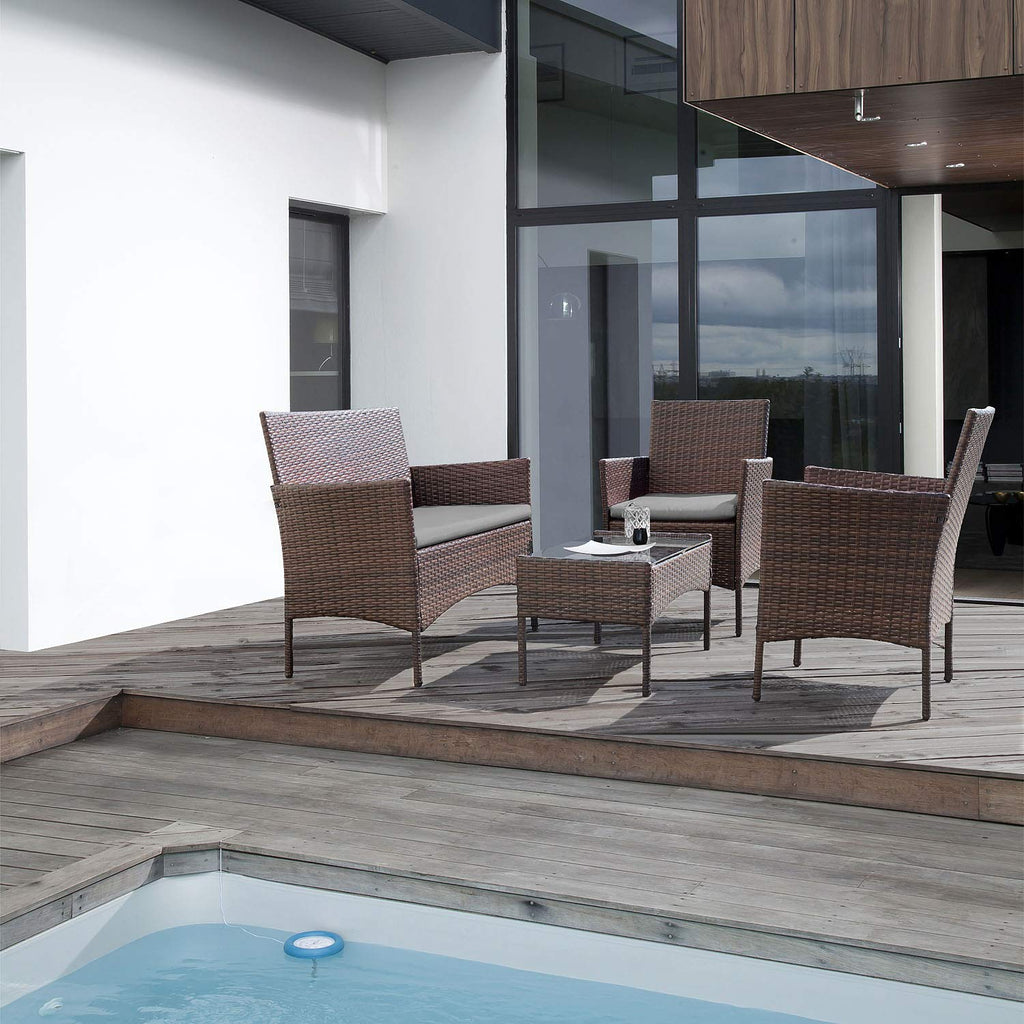 4-Piece Outdoor Patio Furniture Set With Rattan Wicker Chairs, Loveseat And Glass-Top Table