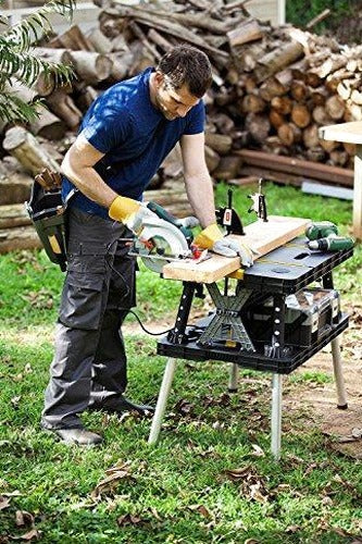 Keter ?C 197283 Folding Table Work Bench for Miter Saw Stand Woodworking Tools and Accessories with Included 12 Inch Wood Clamps ?C Easy Garage Storage Black/Yellow