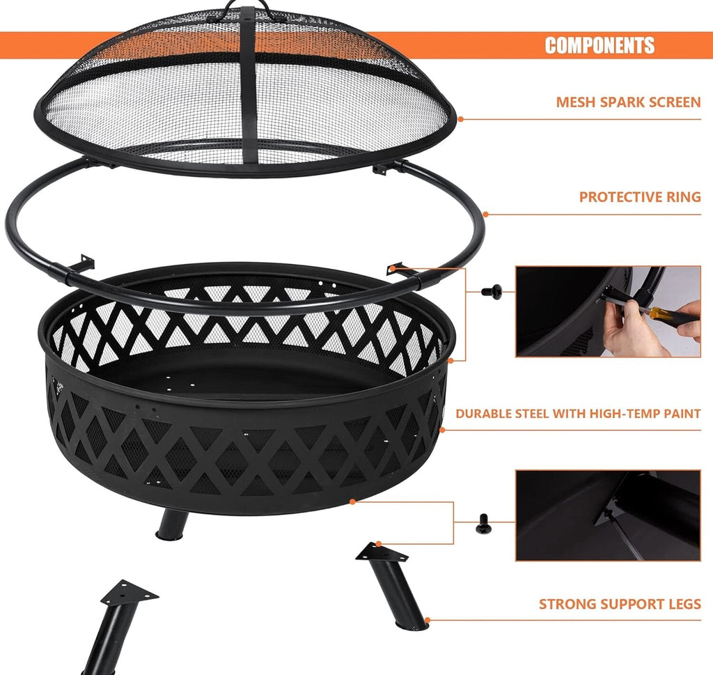 SUNCREAT 42” Patio Fire Pit Wood Burning with Mesh Spark Screen, Bonfire Outdoor firepit with Fireplace Poker, Black