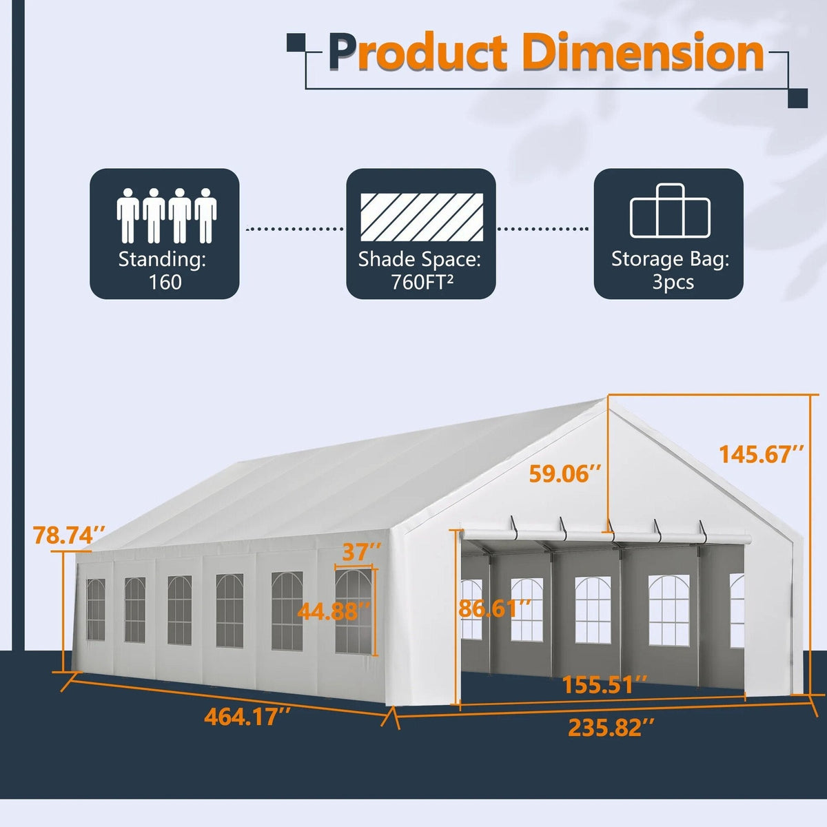 20x40 FT Heavy-Duty Party Tent with 3 Storage Bags - Large Waterproof Wedding Event Shelter for Removable Sidewalls &amp; Zipper Door - Outdoor Commercial Tent for Parties Carport Camping BBQ Garden