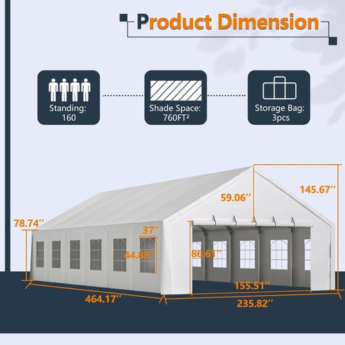 20x40 FT Heavy-Duty Party Tent with 3 Storage Bags - Large Waterproof Wedding Event Shelter for Removable Sidewalls &amp; Zipper Door - Outdoor Commercial Tent for Parties Carport Camping BBQ Garden