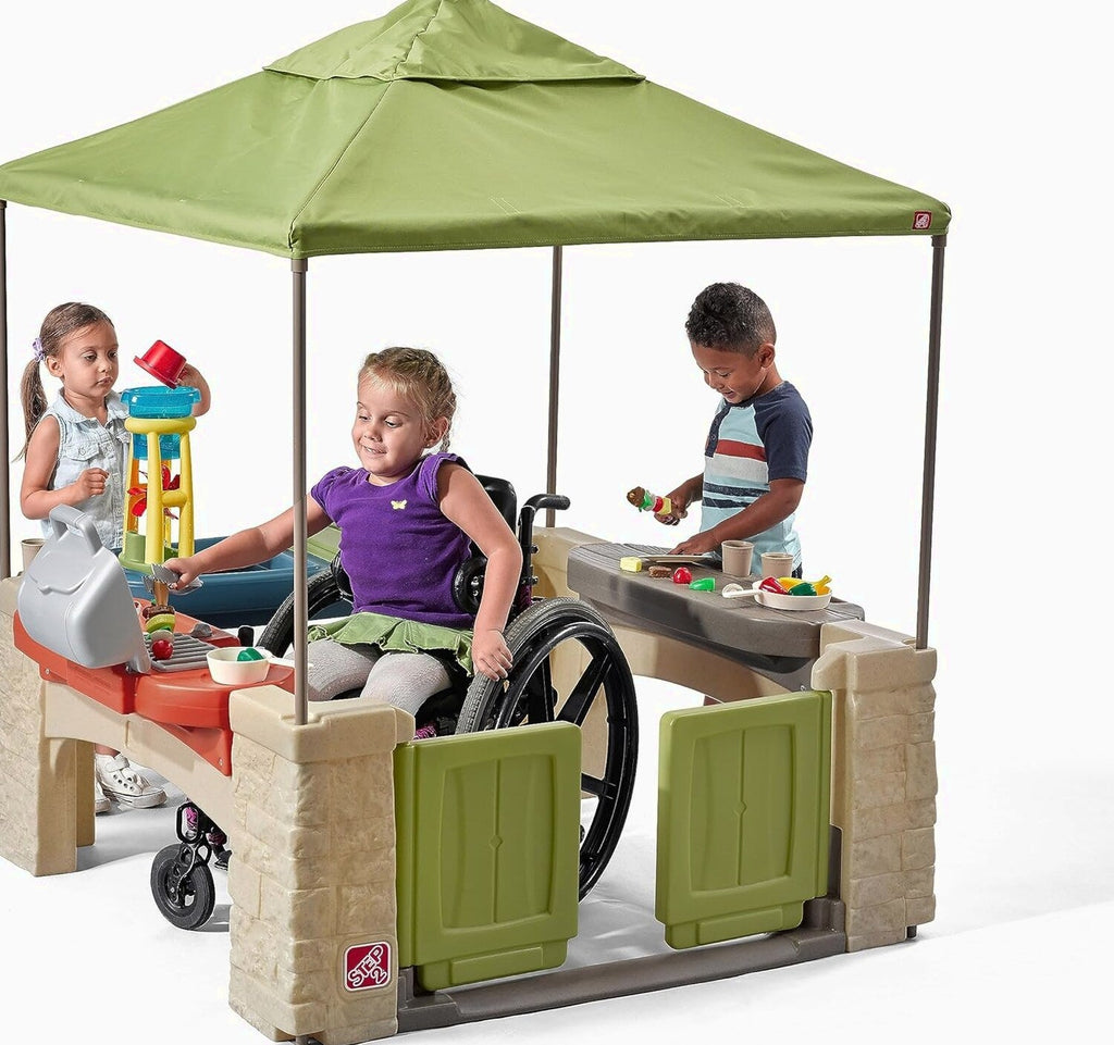 All-round play patio with canopy, kids indoor and outdoor kitchen play set