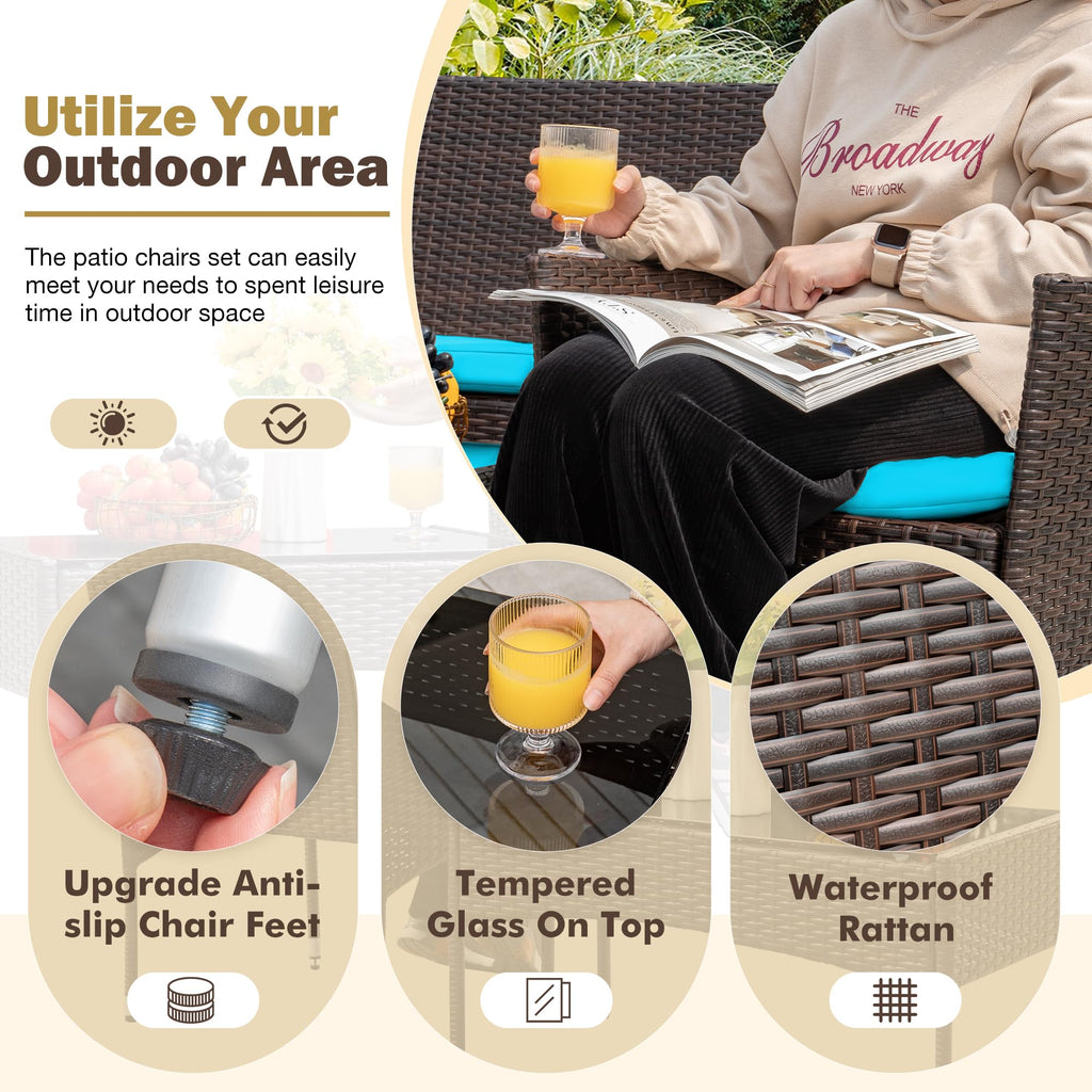 4-Piece Outdoor Patio Furniture Set With Rattan Wicker Chairs, Loveseat And Glass-Top Table