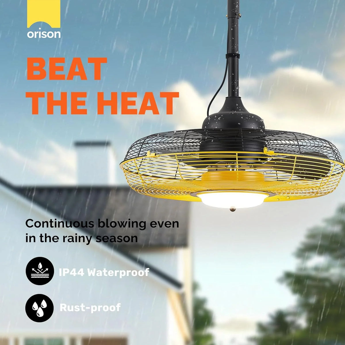 Orison Outdoor Plug-In Ceiling Fan With Light, Yellow, 21in D x 21in W x 10in H - B63992