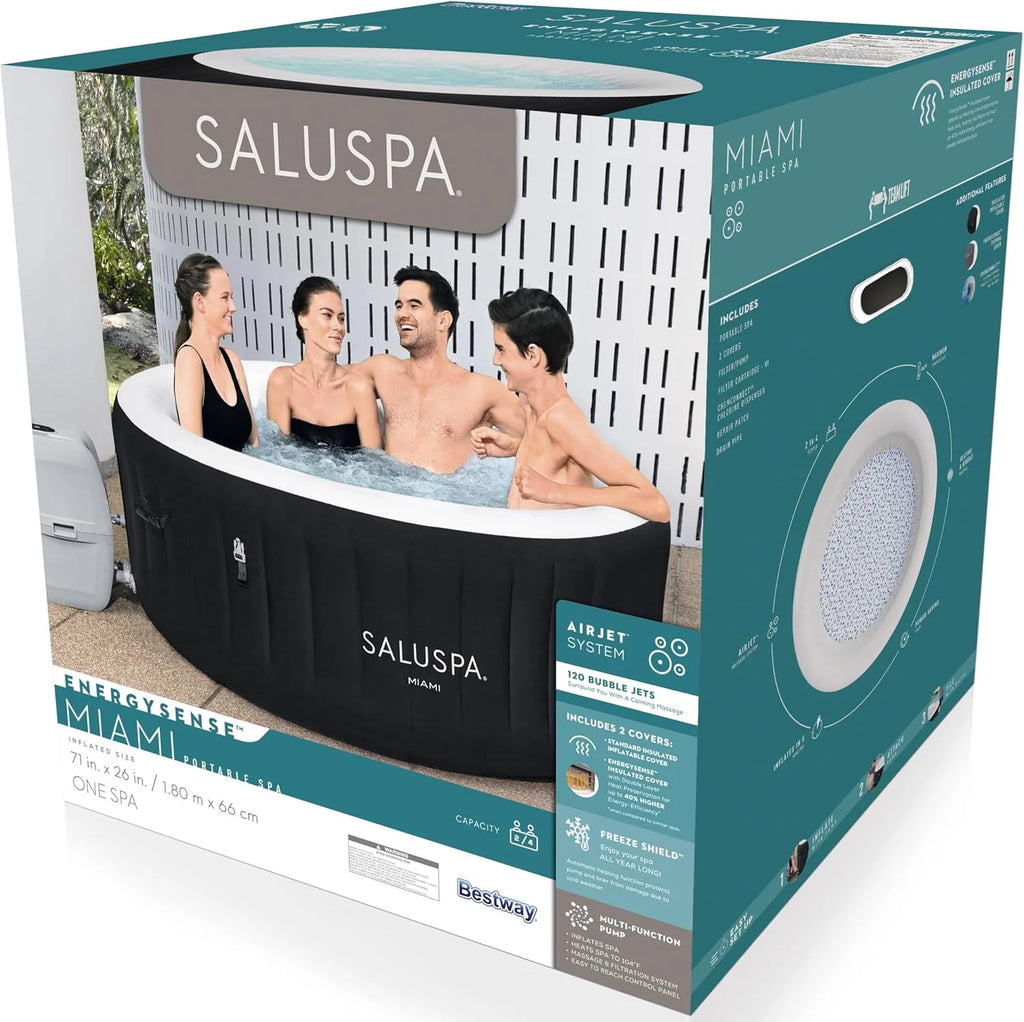 Bestway SaluSpa Miami Inflatable Hot Tub Spa, 71 x 26 in, 2-4 Person, Black - 60104E