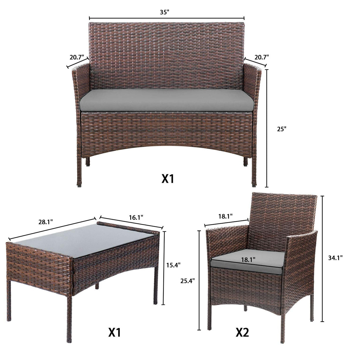 4-Piece Outdoor Patio Furniture Set With Rattan Wicker Chairs, Loveseat And Glass-Top Table