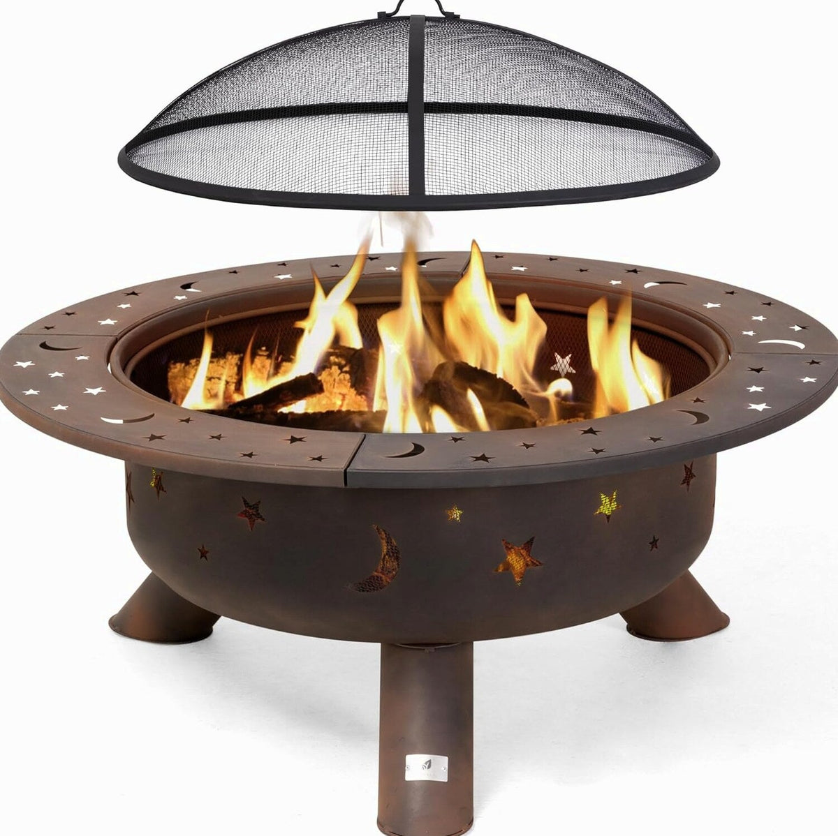 SUNCREAT 42” Patio Fire Pit Wood Burning with Mesh Spark Screen, Bonfire Outdoor firepit with Fireplace Poker, Black