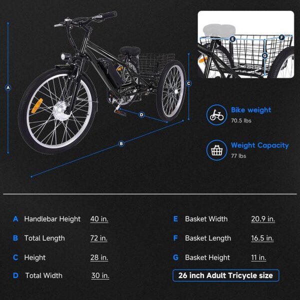 26 Inch Adult 3 Wheel Electric Tricycle with Basket, Fat Tires,7 Speeds,350W Powerful Motor, 36V 10Ah Removable Battery Dark Gray