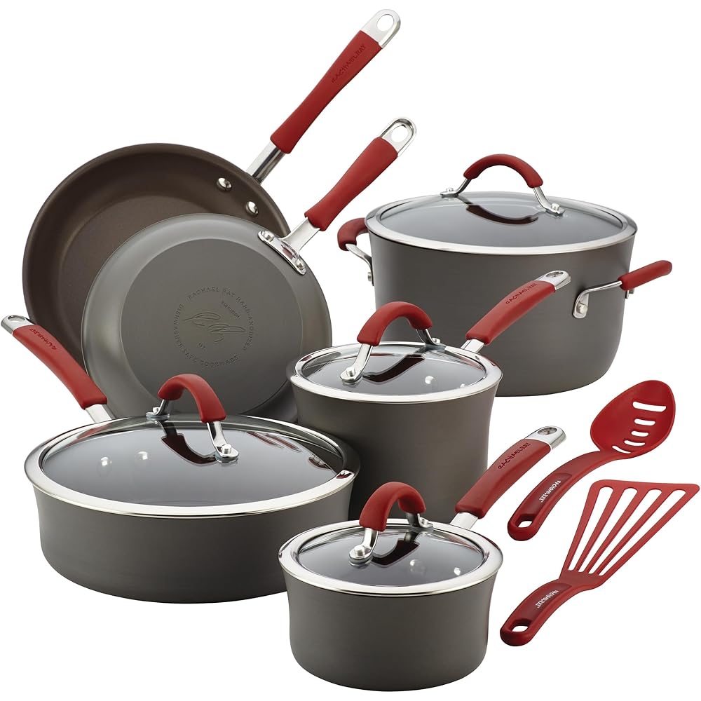 Rachael Ray Cucina Hard Anodized Nonstick Cookware Set, 12 Piece, Gray With Red Handles - 87630