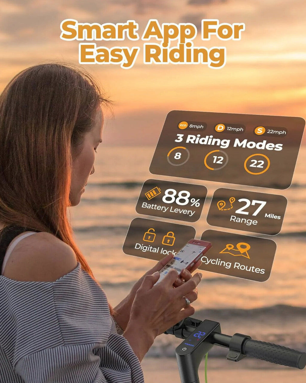 Electric Scooter - 8.5" Solid Tires, 350W Motor, Up to 19 MPH and 21-23 Miles Long-Range Portable Foldable Commuting Scooter for Adults with Double Braking System and App