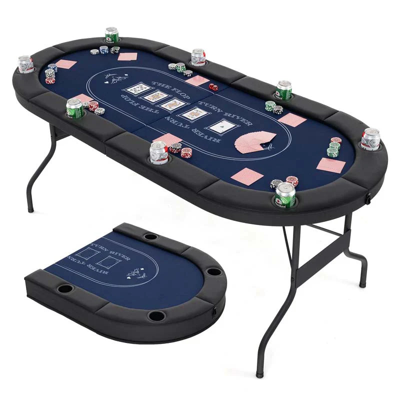 8-Player Foldable Poker Table, 72in With Cup Holders - Blue/Black/Green