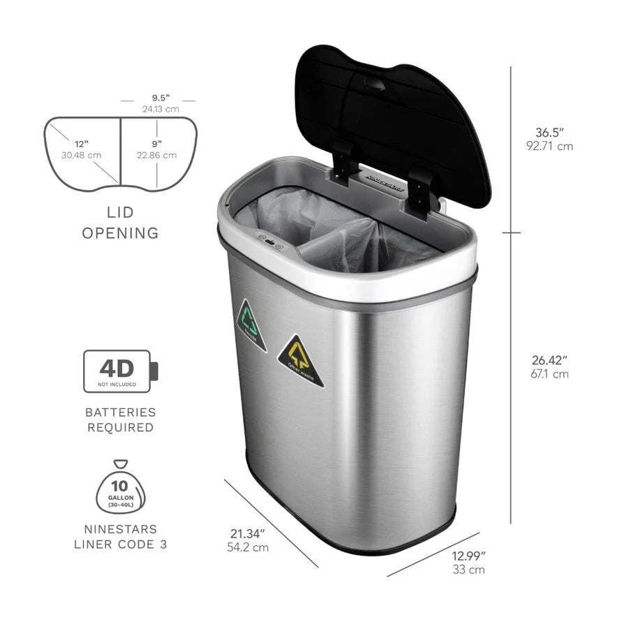18 Gallon Dual Compartment Motion Sensor Trash Can - Automatic Hands-Free Kitchen Garbage Bin