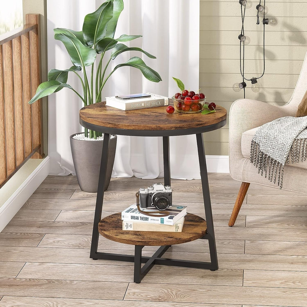 Industrial Round End Table With 2-Tier Storage