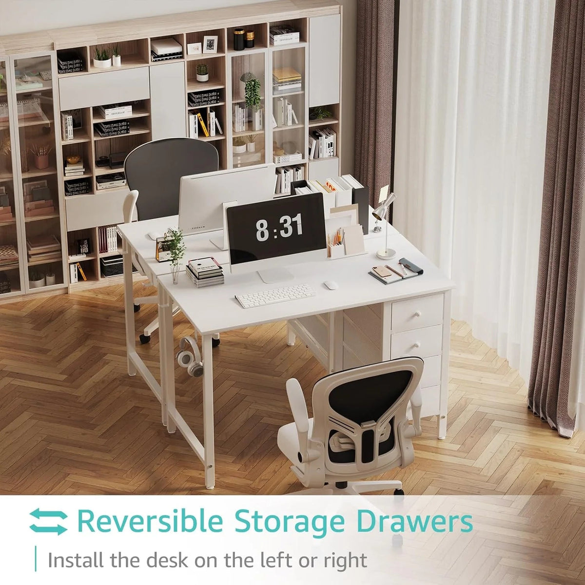 40 Inch Small White Computer Writing Desk With Fabric Drawers