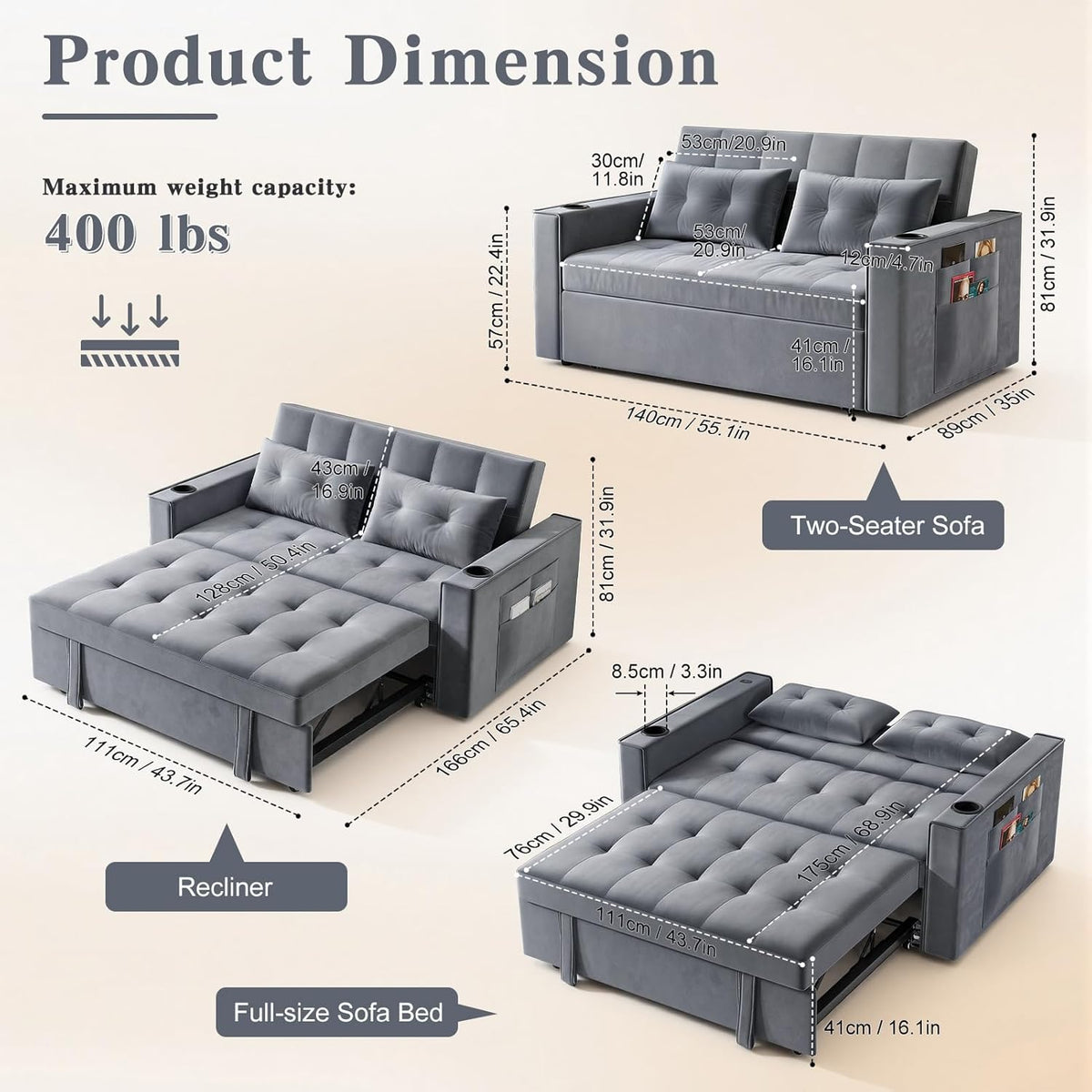 3-in-1 Pull-Out Sofa Bed With Charging Station, Cup Holder And Side Storage - 70in Grey