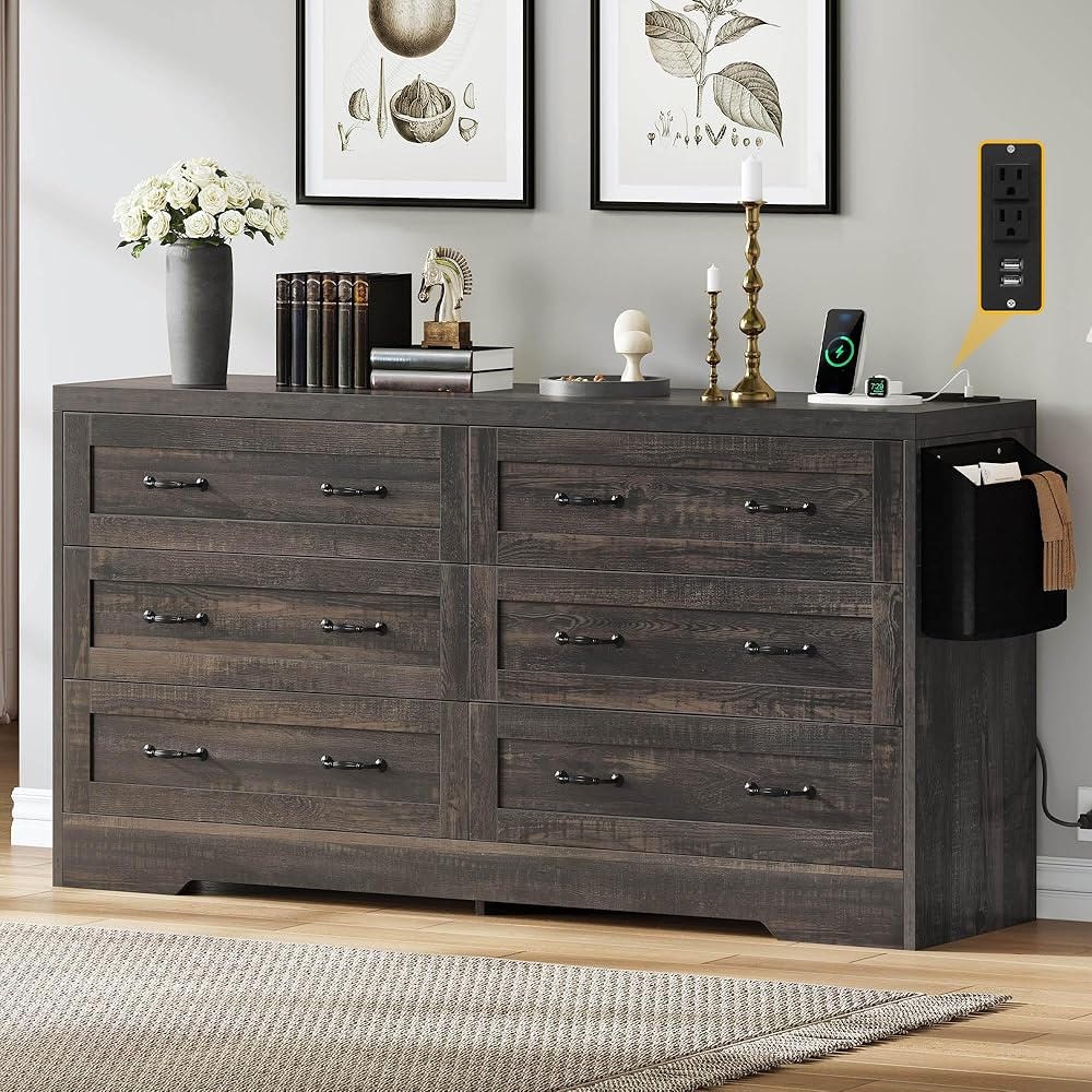 DWVO 6-Drawer Dresser With Power Outlets, 15.9 in D x 59 in W x 31.1 in H, Rustic Oak
