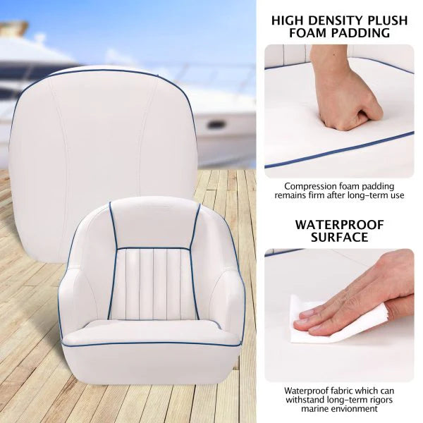 Pontoon Boat Captain's Bucket Seat, White & Blue, 19.5 in H x 22 in W x 21.5 in D - Boat Cabin Seating