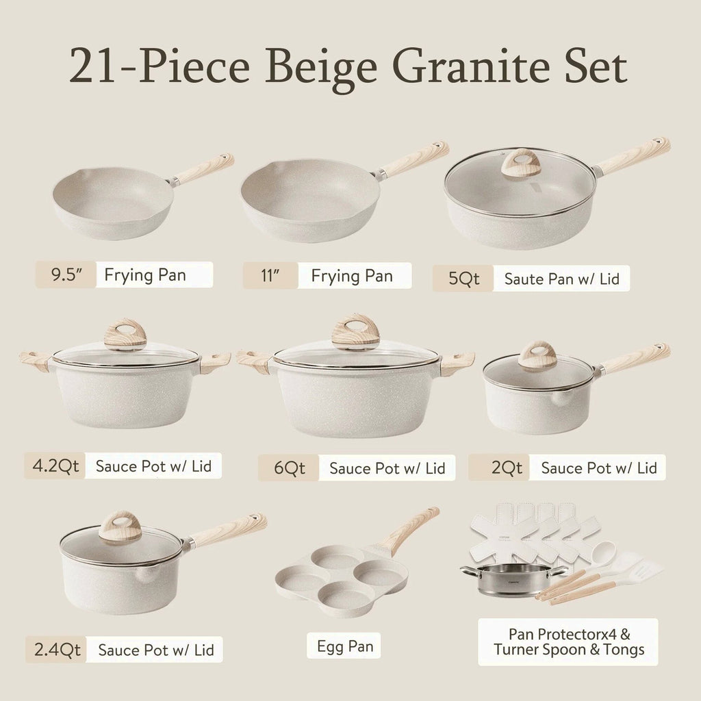 Carote 21-Piece Nonstick Cookware Set, Eco-Friendly Granite, Induction Compatible, Beige