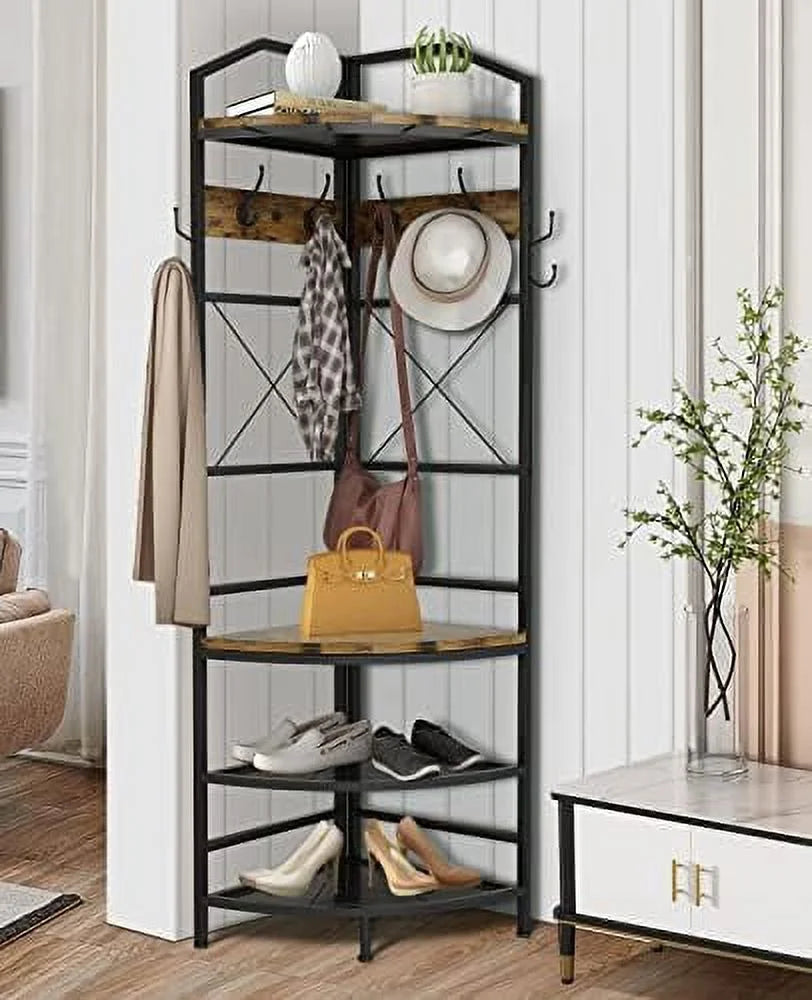 MQLIFEBOOM 3-in-1 Corner Entryway Hall Tree With Bench, Shoe Rack And Coat Rack, Rustic Brown/Black, 17.72in x 17.72in x 72.05in
