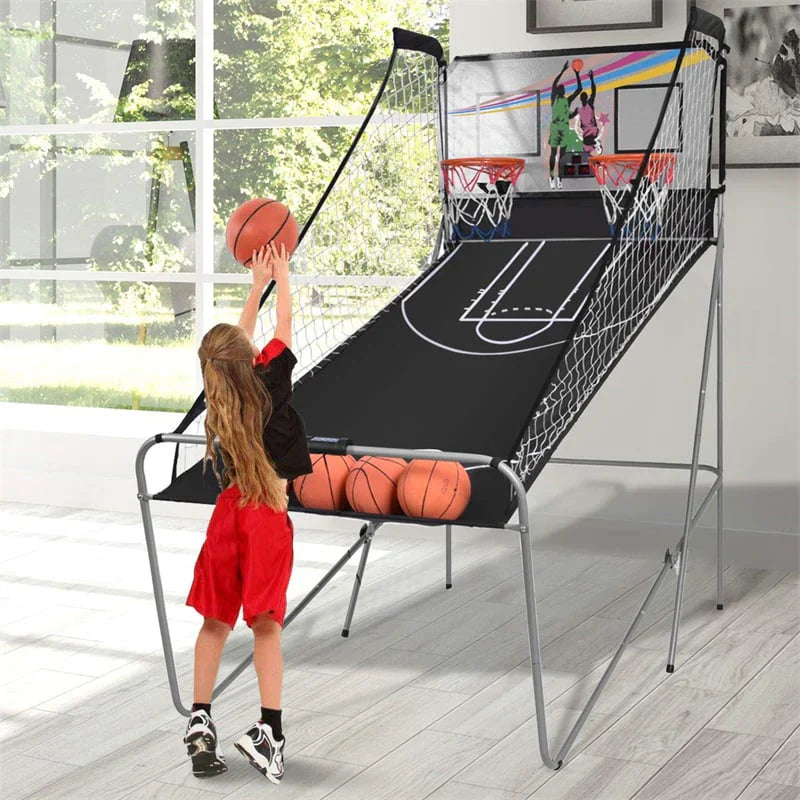 Foldable Indoor Double-Shot Basketball Arcade Game With 4 Balls And Electronic LED Scoring
