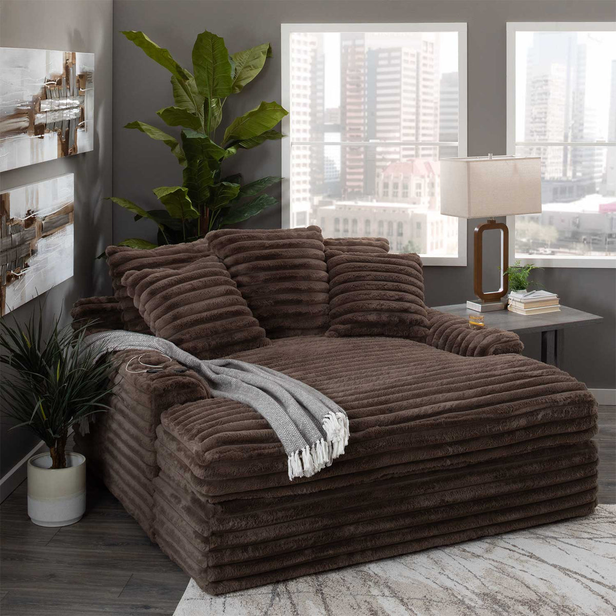 Nestle Corduroy Chaise Lounge With Dual Cupholders And USB Ports
