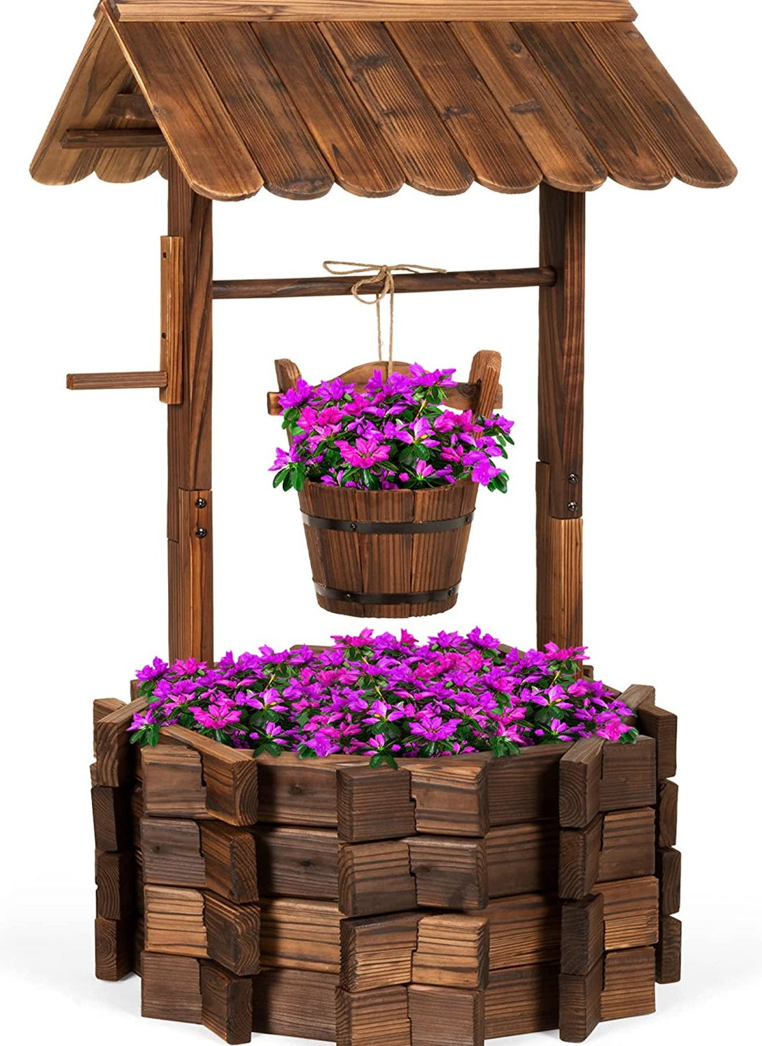 Best Choice Products Rustic Wooden Wishing Well Planter Outdoor Home Décor for Patio, Garden, Yard w/Hanging Bucket