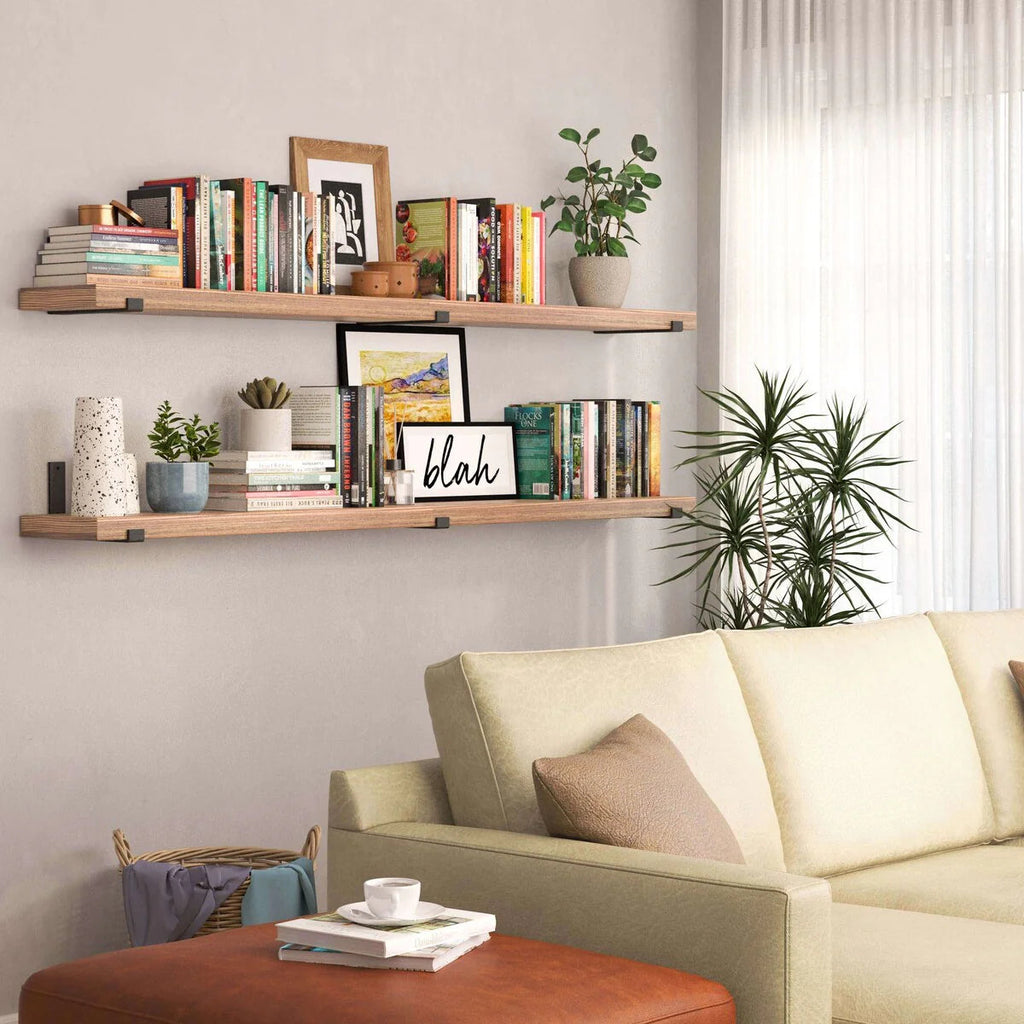 72 Inch Paulownia Wood Floating Wall Shelves, Set Of 2, Burnt - 72 Inch