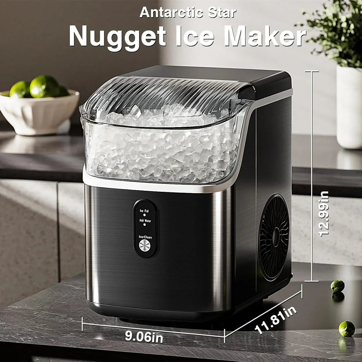 Countertop Nugget Ice Maker, 1.1 Liters, 34 lbs/24H, 8.66 x 11.30 x 12.68 inches, Black