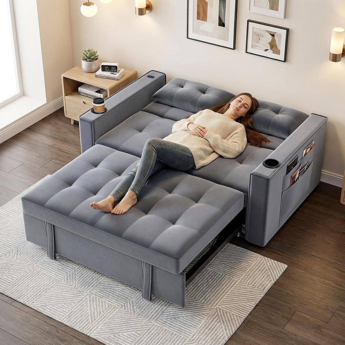 3-in-1 Pull-Out Sofa Bed With Charging Station, Cup Holder And Side Storage - 70in Grey