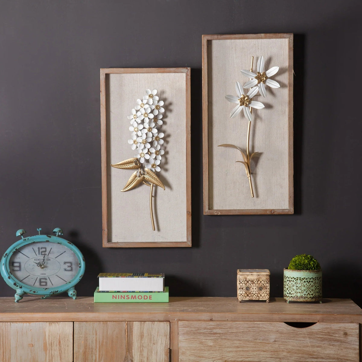Metal Flower Wall Decor With Wood Frames, White And Gold, Set Of 2 - 23.6in H x 11.81in W x 1.2in D