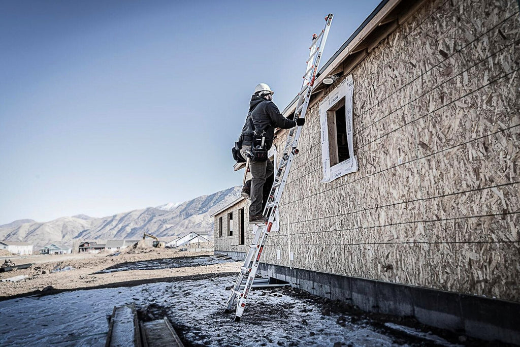 17-foot foldable multi-position ladder, made of aluminum, with a load capacity of 300 pounds, 1A type super heavy-duty, 18-foot extension length, equipped with a ratchet leveling device and wheels