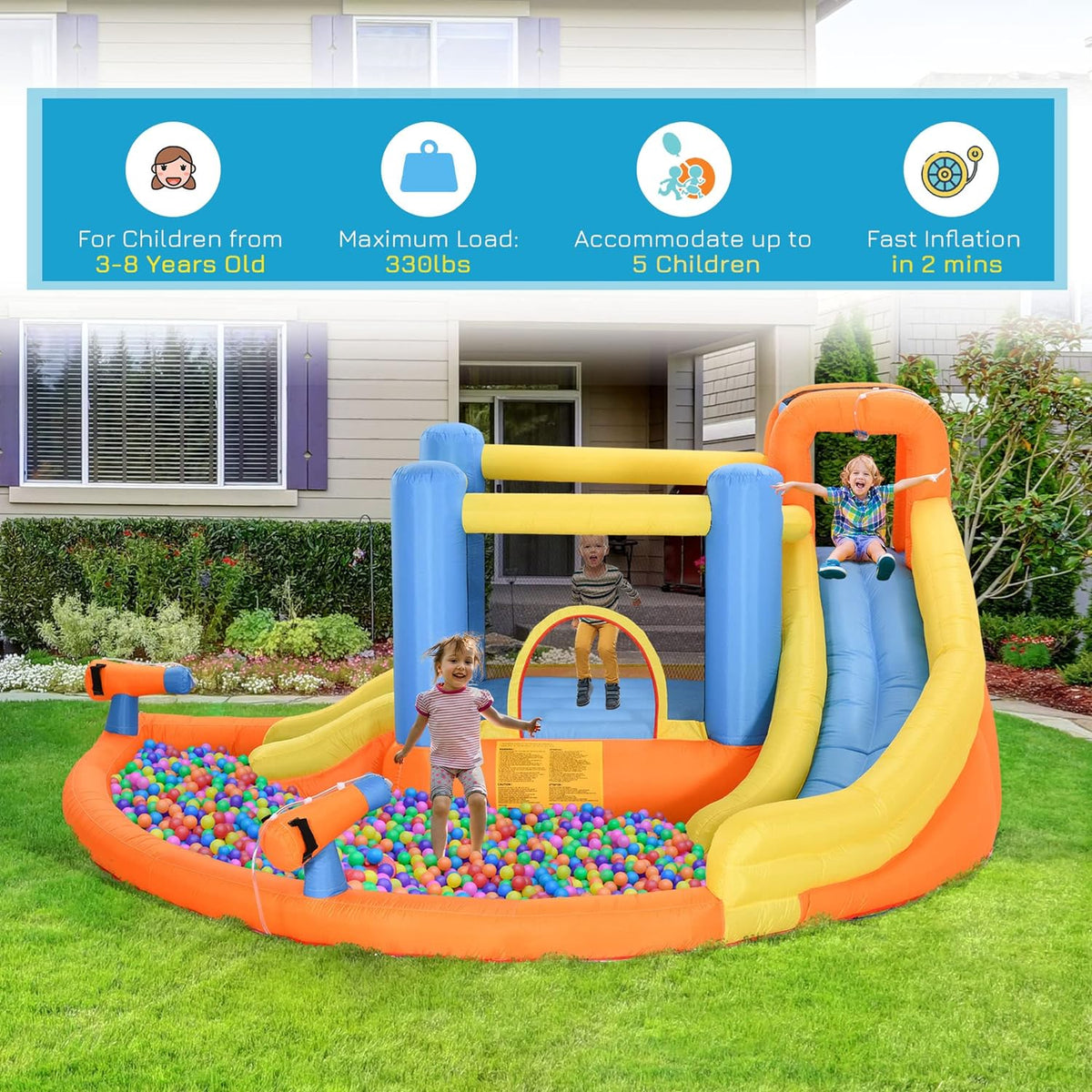 Outsunny 5-in-1 Inflatable Water Slide Bounce House, Orange Blue Yellow, 450W Air Blower