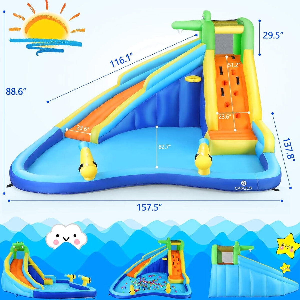 Inflatable Water Slides for Kids 8-in-1 Bounce House Water Park with 450W Blower Climbing Wall, Splash Pool, 2 Water Cannons, Basketball Hoop, Water Slide, Crocodile Sprinkler for Gift Backyard Party