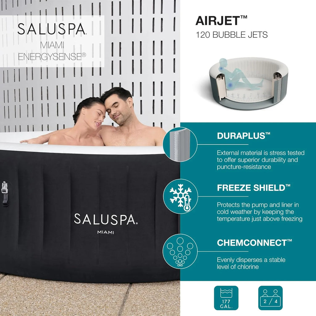 Bestway SaluSpa Miami Inflatable Hot Tub Spa, 71 x 26 in, 2-4 Person, Black - 60104E