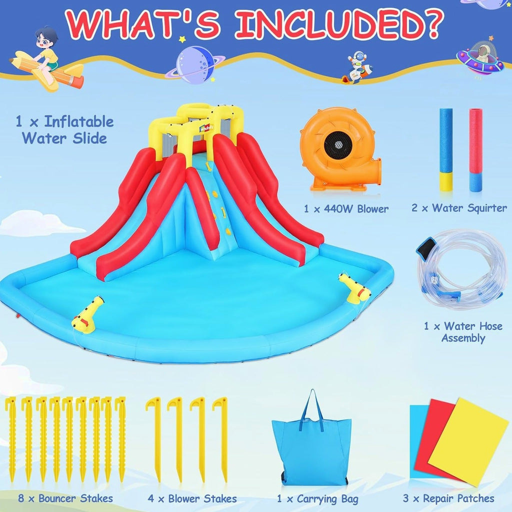 Inflatable Water Slides for Kids 8-in-1 Bounce House Water Park with 450W Blower Climbing Wall, Splash Pool, 2 Water Cannons, Basketball Hoop, Water Slide, Crocodile Sprinkler for Gift Backyard Party
