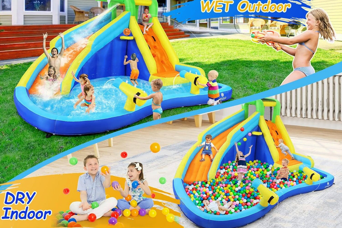 Inflatable Water Slides for Kids 8-in-1 Bounce House Water Park with 450W Blower Climbing Wall, Splash Pool, 2 Water Cannons, Basketball Hoop, Water Slide, Crocodile Sprinkler for Gift Backyard Party