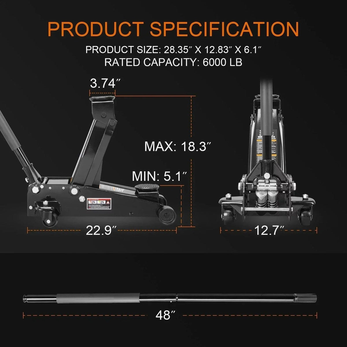 3 Ton Floor Jack Hydraulic Heavy Duty Steel Car Jack with Quick Lift Dual Pump,Black,W8303-B