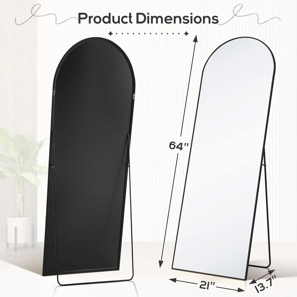 Arched Full-Length Mirror, 64in L x 21in W, Aluminum Alloy Stand