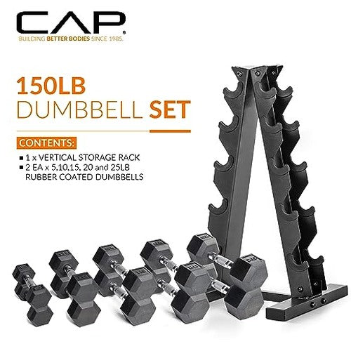CAP Barbell 150 LB Coated Hex Dumbbell Weight Set with Vertical Rack, Black
