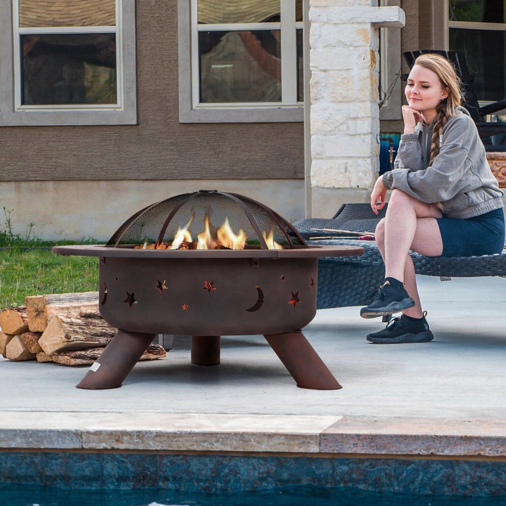 SUNCREAT 42” Patio Fire Pit Wood Burning with Mesh Spark Screen, Bonfire Outdoor firepit with Fireplace Poker, Black