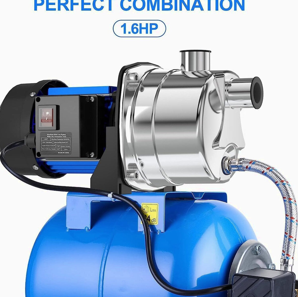 1.6HP Shallow Well Pump with Pressure Tank 1268 GPH Stainless Steel Jet Pump Transfer Drainage Booster Pump Garden Sprinkler System Water Pump for Home Garden Lawn Irrigation