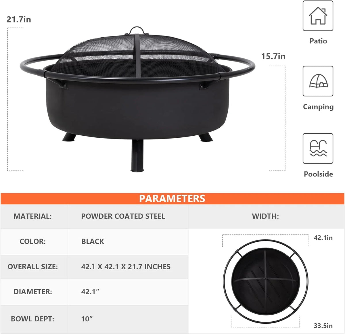 SUNCREAT 42-Inch Wood Burning Patio Fire Pit, Black, 42.1 Inch Diameter x 25.2 Inch High
