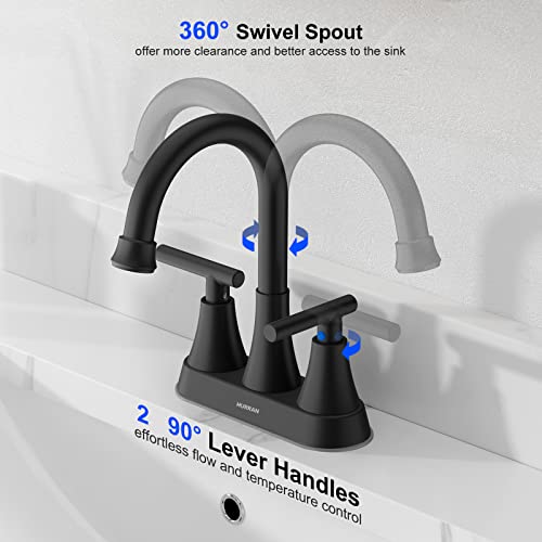 Hurran 4 Inch Matte Black 3-Hole Bathroom Sink Faucet With Pop-Up Drain