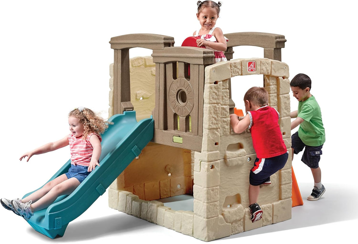 Kids Outdoor Playset With Slide, Climbing Wall, Ladder And 2 Steering Wheels - 75 in L x 47 in W x 53.75 in H