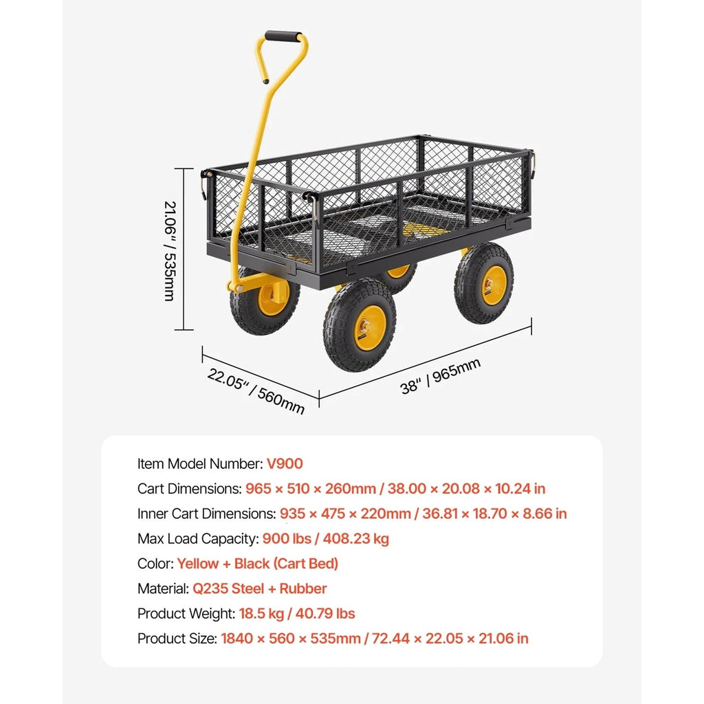 KFFKFF Mesh Steel Garden Cart 900 Lbs, 38 x 22 " Heavy Duty Utility Wagon Cart, Metal Garden Trolley with 10" Wheels, Removable Mesh Sides, 180 Swiveling Handle (Green)