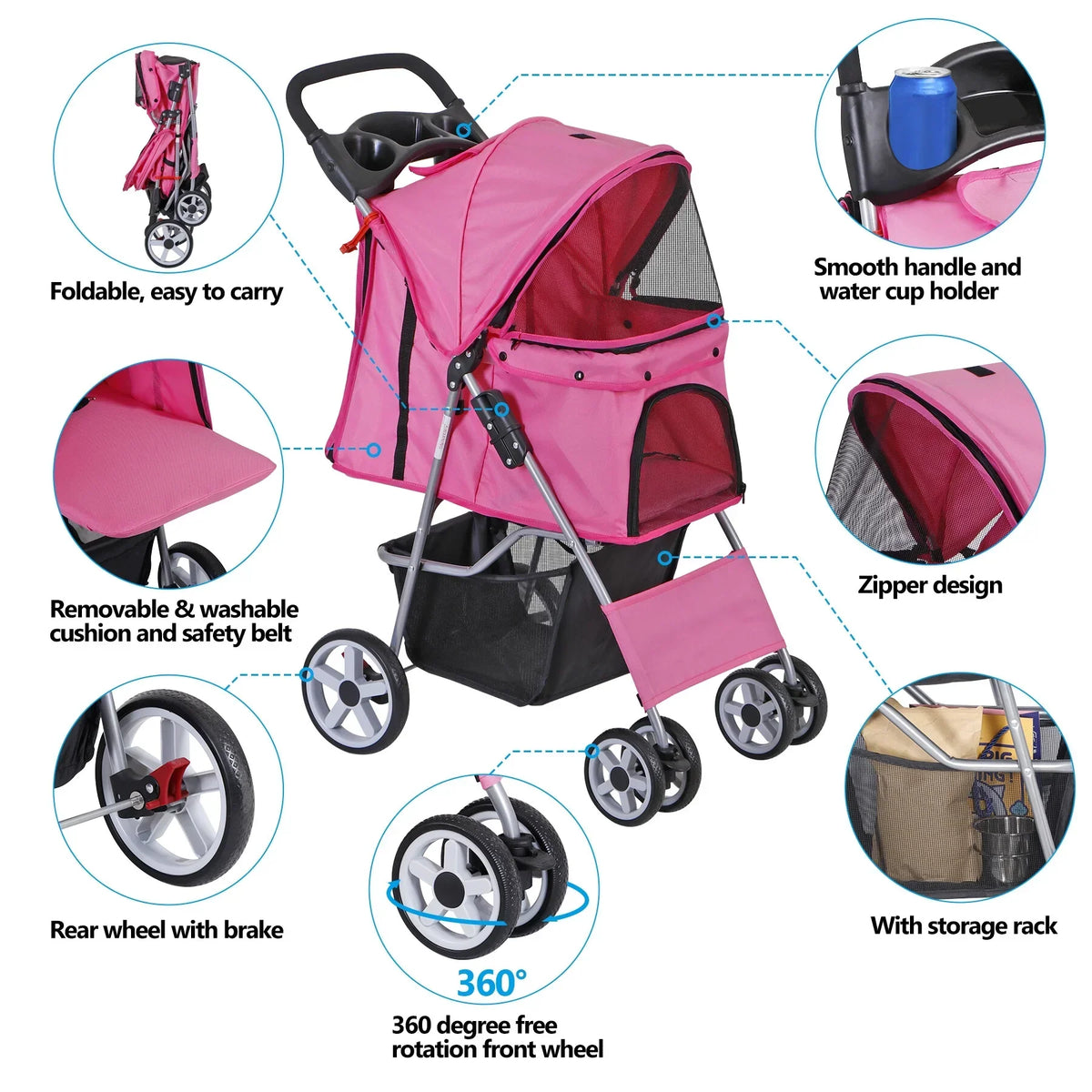 ZENY 4 Wheel Foldable Pet Stroller, Pink - 30 lbs