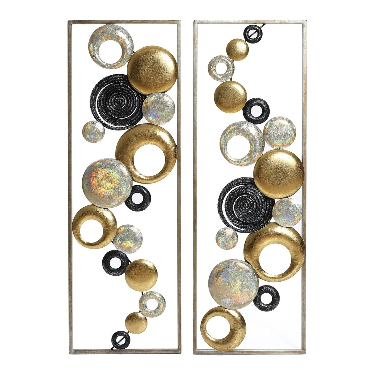 Modern Abstract Metal Wall Decor Panels, Set Of 2, Gold Silver And Black