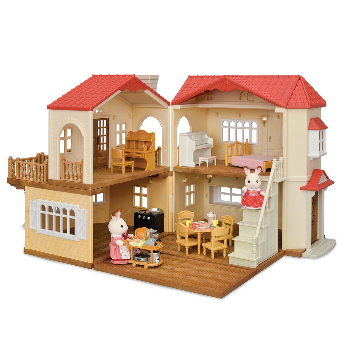 Dollhouse Playset With Figures, Furniture And Accessories - 4 Rooms, 3 Working Lights